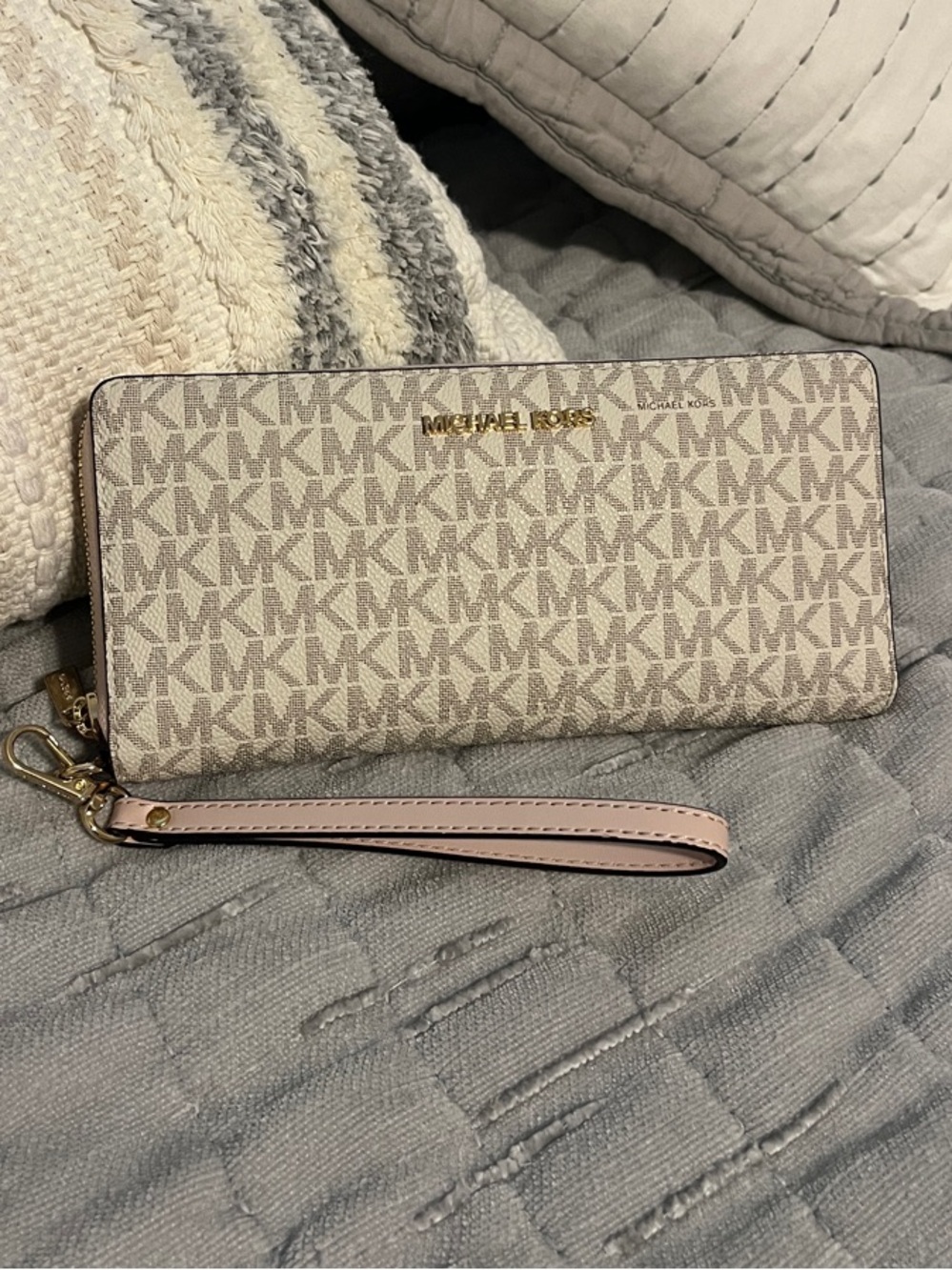 Michael Kors Beige MK Signature Zip-Around Wristlet with Pink Strap